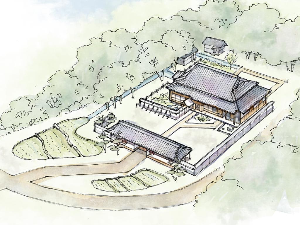 A watercolor style illustration of a Japanese home from the Edo Period.