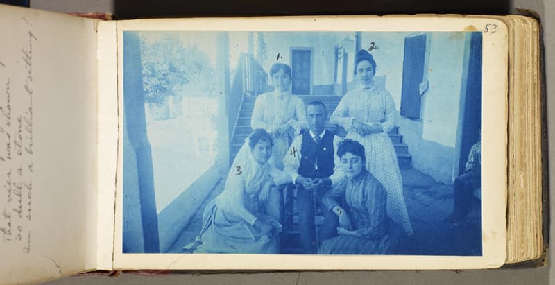 Cyanotype photograph of Charles Lummis with Susanita del Valle and her sisters, ca. 1888.