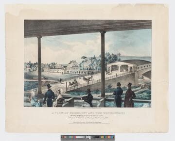A view of Fairmount and the water-works : showing the bridge previous to its destruction by fire. Taken from the veranda of Hardings Hotel, Schuylkill