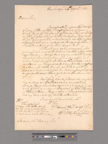 Letter from George Washington, Newburgh, to James McHenry