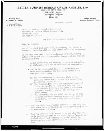 C1.2 - Letters - Letter to Edison from the Better Busiiness Bureau concerning truth in advertising for "Conservo-lite" light bulbs