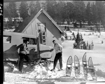 Big Creek snow survey. Photographer & reporter beside sno