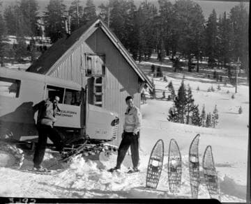 Big Creek snow survey. Photographer & reporter beside sno