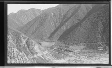 Santa Ana Canyon from trail above showing flume and apple ranch