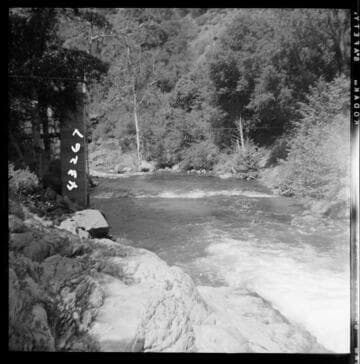 Kaweah #3 - Gauging Station Marble Fork at Potwisha Camp looking downstream showing station at left, cable, measuring section and old Parshall Flume