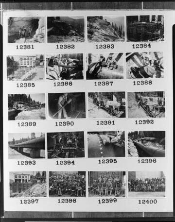 Multiple-image copy film negative with images of hydro construction at Big Creek: #02-12381 to #02-12400