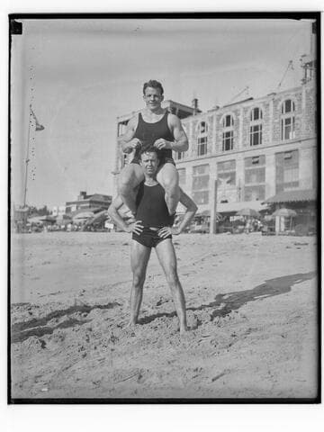 Henry Steinborn and Jack Donovan on the beach in Santa Monica, California