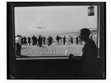 People on pier at the Yacht Harbor Breakwater dedication, Santa Monica