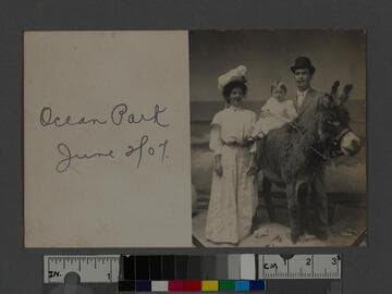 Family portrait with mule at beach studio, Ocean Park, California