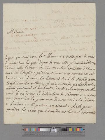 Du Boccage, Marie Anne (Le Page) Fiquet. Letter to Elizabeth (Robinson) Montagu