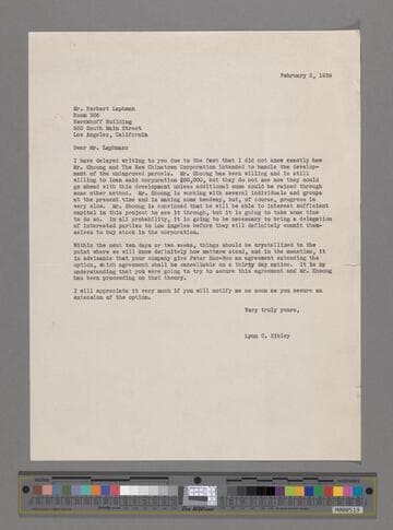 Letter from Lynn C. Sibley to Herbert Lapham