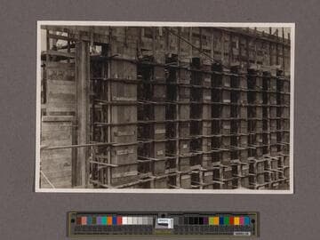 Huntington Library Construction: view showing the west side of the Center Wing, looking north east; taken from the first floor of the West Wing