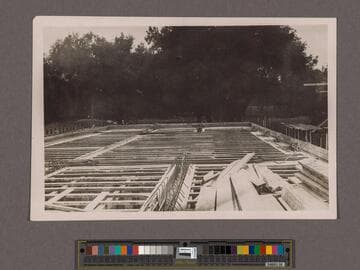 Huntington Library Construction: view showing the West Wing, preparing floor for pouring, looking north