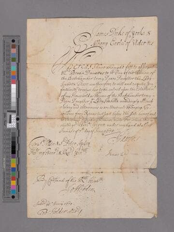 James II, King of England, letter to Sir Allen Apsley and Sir Peter Apsley