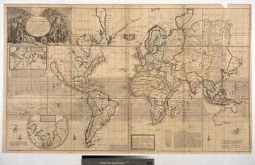 A new & correct map of the whole world : showing the situation of its principal parts, viz. the oceans, kingdoms, rivers, capes, ports, mountains, woods, trade winds, monsoons, variation of the compass, climats, &c with the most remarkable tracks of the bold attempts which have been made to find out the North East and North West Passages the projection of this map is call'd Mercator's the design is to make it useful both for land and sea and it is laid down with all possible care, according to the newest and most exact observations / by Herman Moll, Geographer