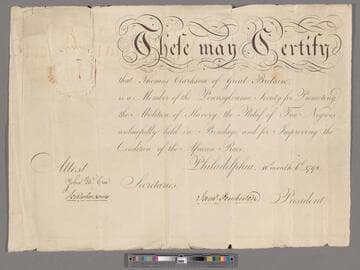 Pemberton, James. [Certificate of membership in the] Pennsylvania Society for promoting the abolition of slavery (issued to] Thomas Clarkson