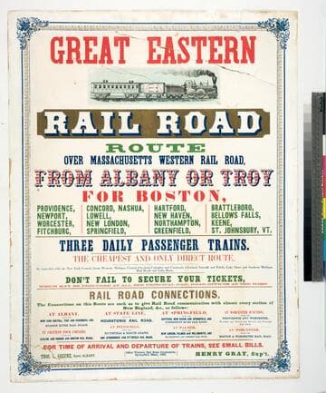 Great Eastern rail road route over Massachusetts western rail road, from Albany or Troy for Boston