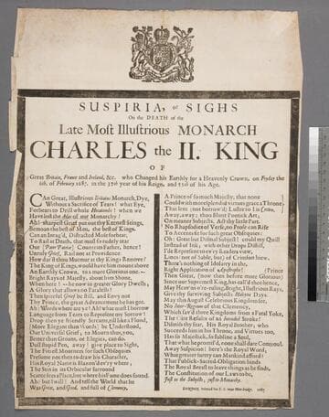 Suspiria, or Sighs on the death of the late Most Illustrious Monarch Charles the II. King of Great Britain, France and Ireland, &c. who changed his earthly for a heavenly crown, on Fryday the 6th. of February 1684/5. in the 37th year of his reign, and 55th of his age