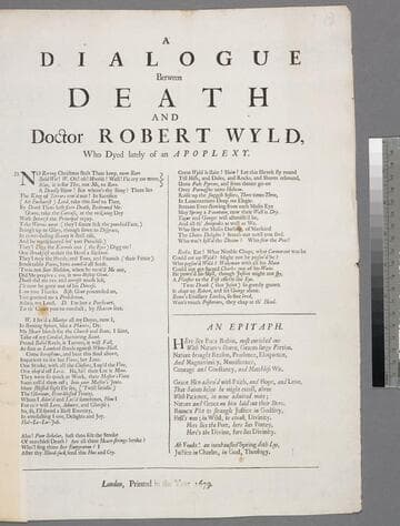 A Dialogue between death and Doctor Robert Wyld : who died lately of an apoplexy