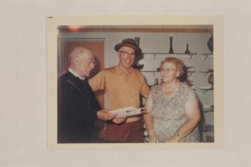 Dock Marston; Tom Busenbark; Pearl Baker. Green River, Utah. At the signing at first sale of Pearl's book, "Trail on the Water."