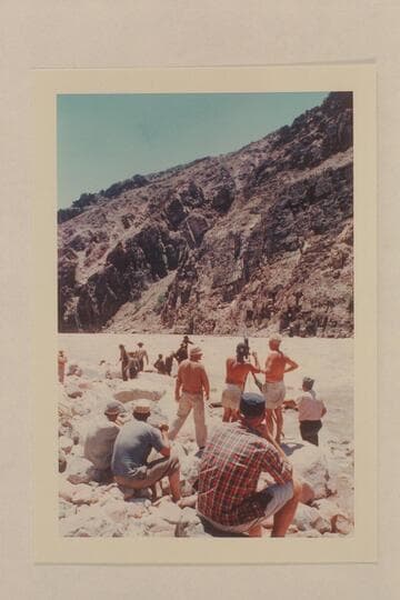 Picturing the Powell crew at 205 Mile Rapid. Jim Algar is extreme left in distance. Atht e camera are Russ Haverick; Dick Kelley; Gordon Avil; Doc Reed