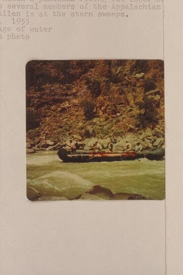 One of the Hatch's pontoons riding out lower end of Disaster Rapid with several members of the Appalachian Club as passengers. Smuss Allen is at the stern sweeps. Low stage of water