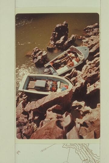 Bill Belknap's Turbocraft and SmithCraft at head of Lake Mead, Mile 236. The flow in the river has been cut to about 1,000 cfs