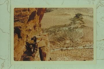 Arizona:  Grand Canyon view from mouth of Meriwitica Cave.  Note ruin, on wall at left.  Meriwitica Spring at upper right