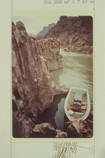 The Turbocraft operated by Bill and Buzz Belknap moored at the head of Lake Mead in the spring of 1963 when the flow had been cut to about 1,000 cfs. About Mile 236