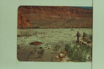 Don Wimpress and Jack Wimpress at the lining of 13-Foot Rapid, San Juan River