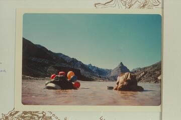 Two of the float party at Mile 221.5.  Lava remnant at left bank of balloon