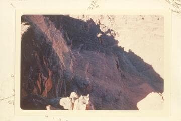 Rock slide into side canyon at Mile 184 left bank in Cataract Canyon. By Beckwith when with the Frost jeeps. Chenoweth-Hoyt Rapid #43 in distance. Mile 184