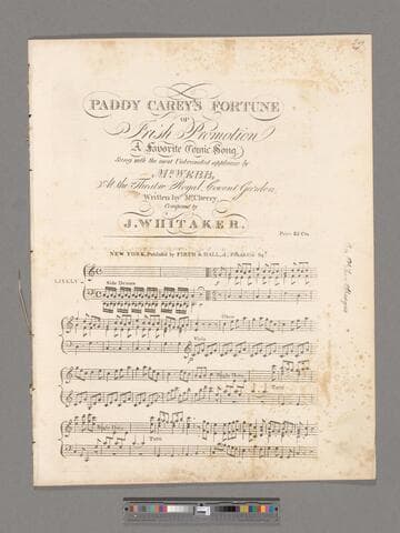 Paddy Carey's fortune or Irish promotion : a favorite comic song / sung with the most unbounded applause by Mr. Webb at the Theatre Royale Covent Garden ; written by Mr. Cherry ; composed by J. Whitaker
