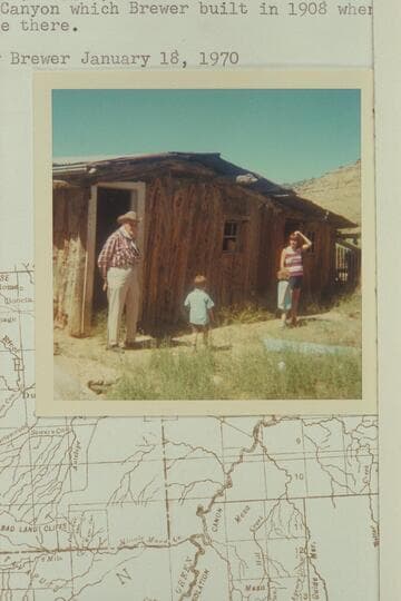 Frank A. Brewer, Maggie and great grandchildren at cabin in Bitter Water Canyon which Brewer built in 1908 when he was running cattle there
