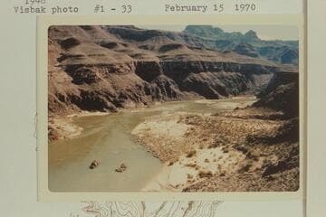 Down river from slope between Trail Canyon and 220 Mile Canyon. The island at right center where the "Esmeralda" struck in 1948