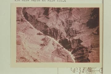 Mile 234 1/2 to Mile 231 1/2. The cross canyons below center created 234 Mile Rapid at Mile 233.75. The cross canyons at upper left are at 232 Mile Rapid at Mile 232.4