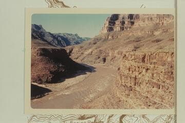 Down at head of Granite Spring Rapid, Mile 220.5. Three members of the party stand at the edge of the cliff over the rapid