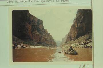 Down Grand Canyon from about Mile 169 1/2.  Belknap is red figure.  Dock Marston in the Sportyak at right