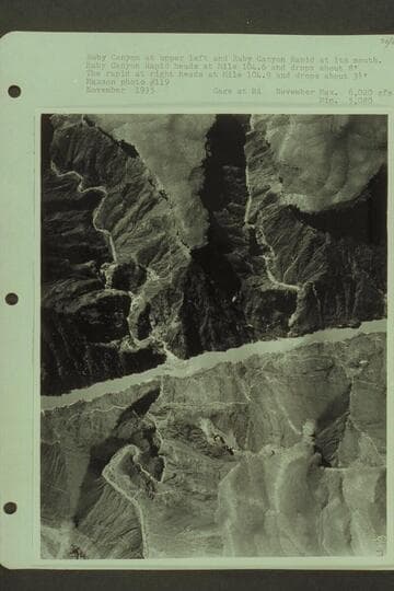 Ruby Canyon at upper left and Ruby Canyon Rapid at its mouth. Ruby Canyon Rapid heads at Mile 104.6 and drops about 8'