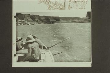 Down Glen Canyon from about Mile 168.  Nevills sits in the stern as his "Wen" is driven by a small outboard and tows the two other sadirons.  Doris Nevills talks with John Southworth in the cockpit