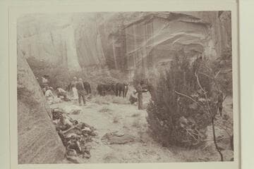 Camp in the middle fork of 73.6. Dan Lehi; Bill Belknap; Tom Daly; Buster Ordiway; Dock Marston; Archeyes Masland; Noel Morss; Tobe Owl (Nasja Begay)