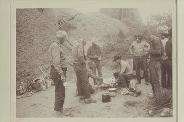 In camp in middle fork of 73.6. Noel Morss; Archeyes Masland; Bill Belknap; Tom Daly; Buster Ordiway; Dan Lehi; Chris Turner