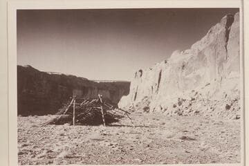 Wreck of pole and brush miners' cabin; Mile 108, east side. Down river from Schock Bar