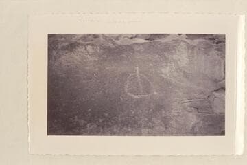 Mile 113 1/4, Glen Canyon. Inscription across river from mouth of Lake Canyon, ruins above