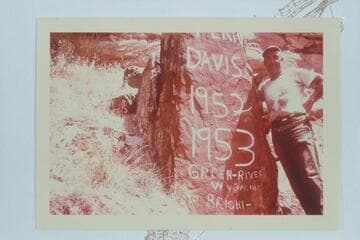 Fern Davis rock with Bill Davis standing by it. Lower end of the fan at Mile 184