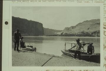 [the 18-ft. launch and the skiff W. H. Bradley at shore after the swamping of the Stanton skiff on Aug. 21, 1910, about 10 miles up from Wright Bar]