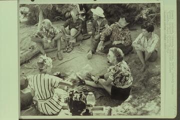 Breakfast above Paria Riffle.  Upper:  Masland, Eisaman, Marston, Bell, Maradel Marston; lower:  Margaret Marston and Rosalind Johnson
