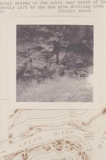 Conical stoves at the cabin near mouth of Green River probably left by the dam site drilling crew