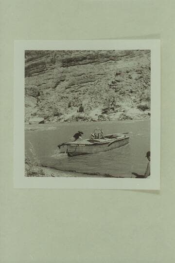 Dan Sheridan, playing Jack Sumner in the Disney filming of "The Colorado River Story," jumps into the "Emma Dean" to go to the rescue of Goodman and Hawkins.  Near Castle Creek above Moab