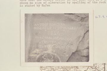Antoine Robidoux inscription on Book Cliffs at the mouth of Westwater Creek.  Brewer states he first saw this inscription in 1906, June.  Sent by Frank Brewer 1969, Jan. 22